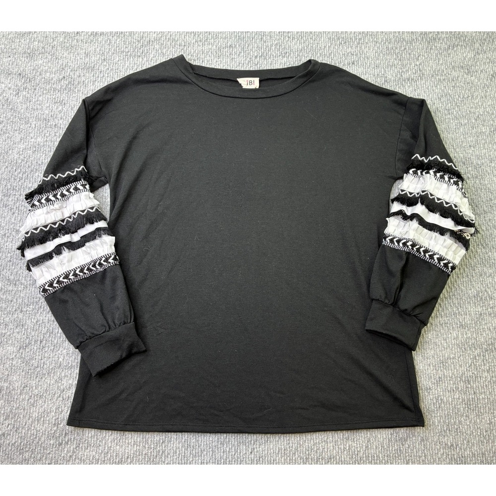 BiBi Black Fringe Braid Statement Sleeve Top Womens Boho Boutique Pullover
